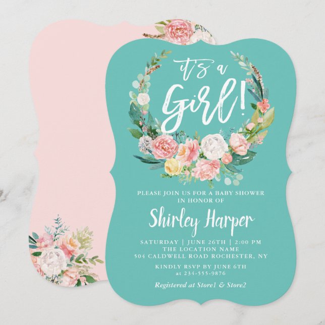 Its A Girl Teal Pink Floral Wreath Baby Shower Invitation (Front/Back)