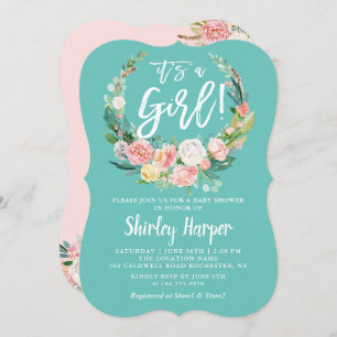 Its A Girl Teal Pink Floral Wreath Baby Shower Invitation