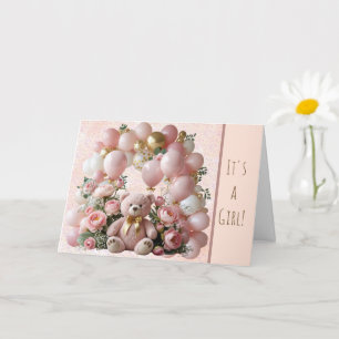 It's A Girl Teddy Bear and Balloons Card