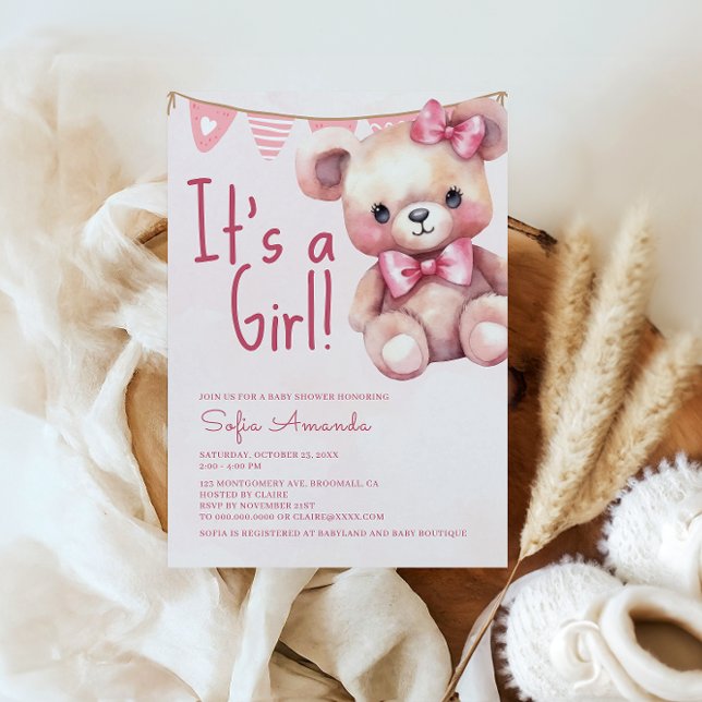 It's a Girl Teddy Bear Pink Baby Shower Invitation (Creator Uploaded)