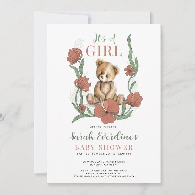 It's A Girl Teddy Bear Watercolor Baby Shower  Invitation (Front)