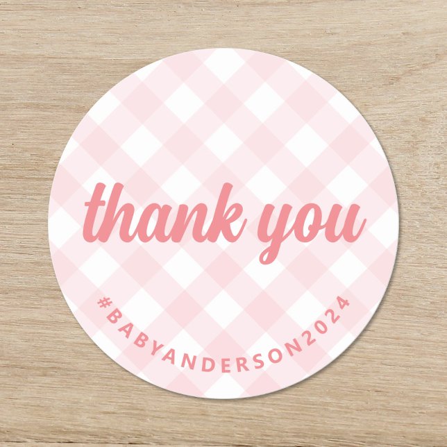 It's a Girl Thank You Gingham Baby Shower Classic Round Sticker (Creator Uploaded)