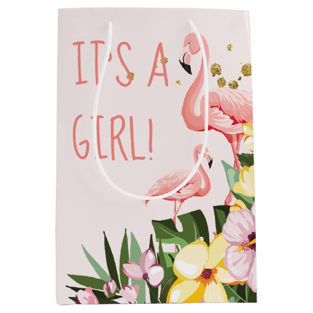 It's a Girl! Tropical Floral Gold Pink Flamingo Medium Gift Bag (Front)