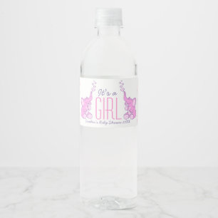 It's a girl two showering pink elephants water bottle label