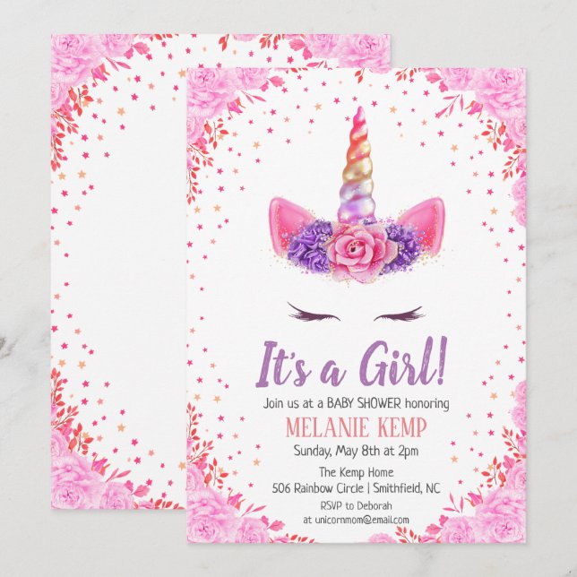 It's a Girl Unicorn Floral Baby Shower Invitation (Front/Back)