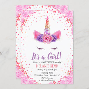 It's a Girl Unicorn Floral Baby Shower Invitation