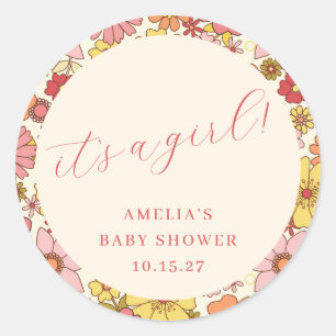 It's a Girl Vintage Pink Floral Baby Shower Custom Classic Round Sticker