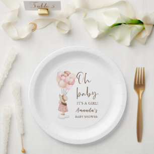 Its a Girl Watercolor Baby Shower Flying Balloon Paper Plate