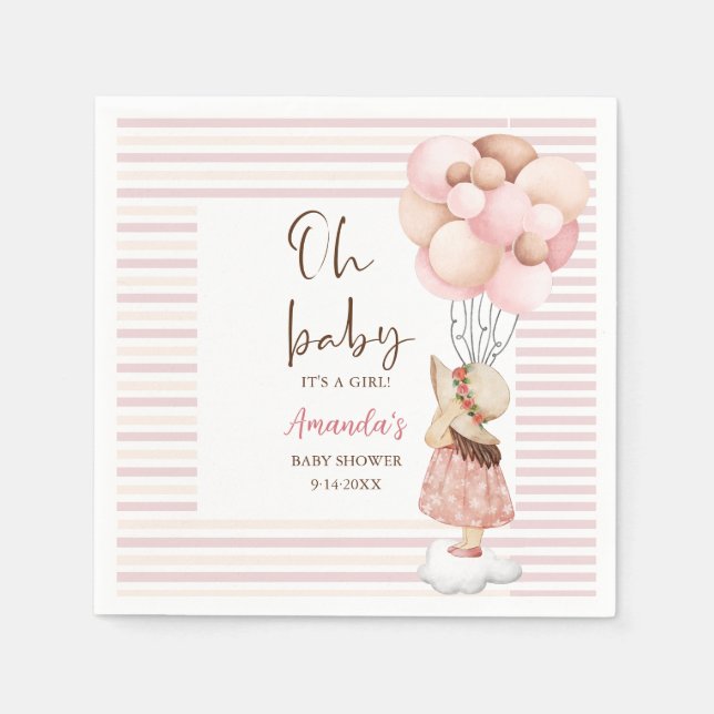 Its a girl Watercolor Baby Shower Flying Balloons Napkin (Front)