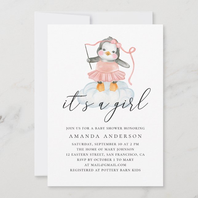 Its a girl. Watercolor cute penguin baby shower Invitation (Front)