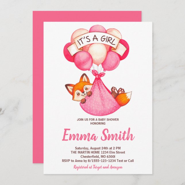 It's a Girl Watercolor Fox Baby Shower Invitation (Front/Back)