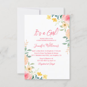 its a girl, watercolor pink floral baby shower invitation