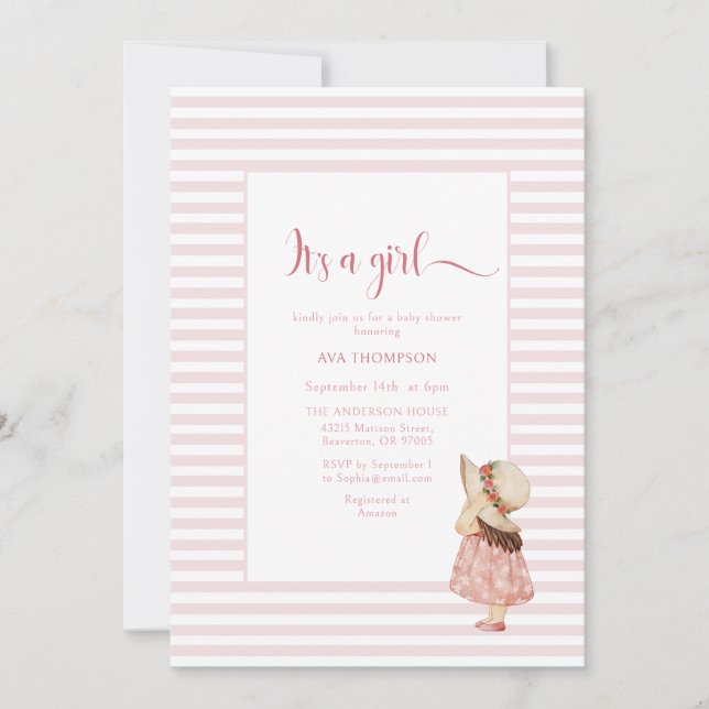 Its a Girl Watercolor Pink Lines Baby Shower Invitation (Front)