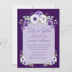 it's a girl, watercolor purple floral baby shower invitation