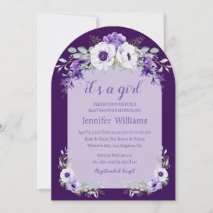 it's a girl, watercolor purple floral baby shower invitation