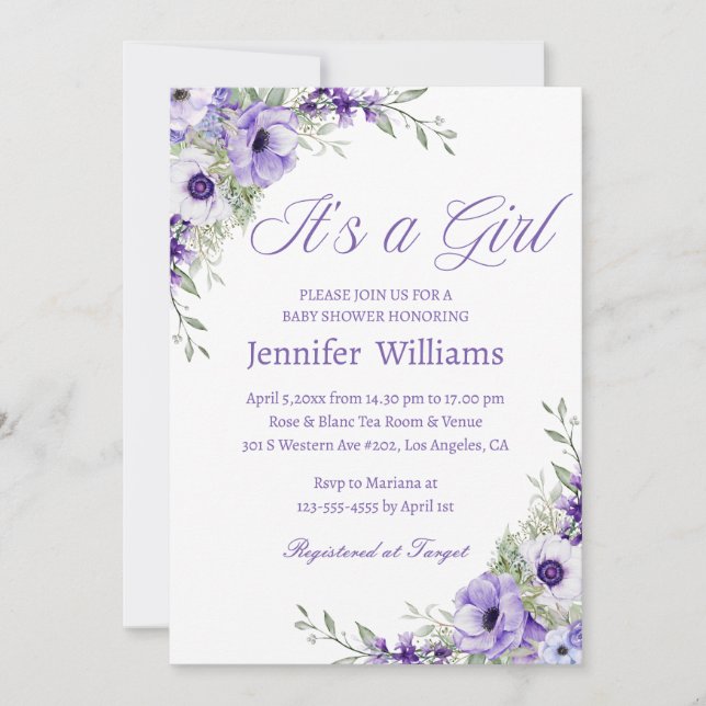 it's a girl, watercolor purple flowers baby shower invitation (Front)