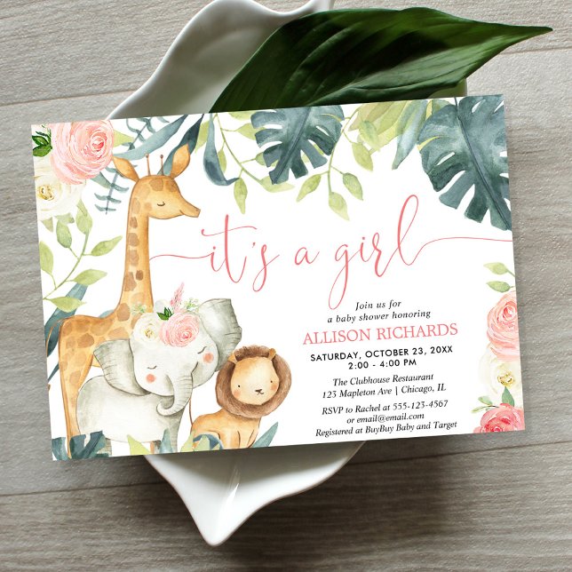 It's a Girl watercolor safari animals baby shower Invitation (Creator Uploaded)