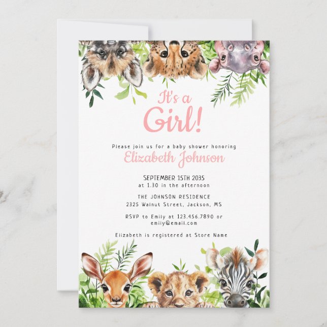 It's A Girl Watercolor Safari Animals Baby Shower Invitation (Front)