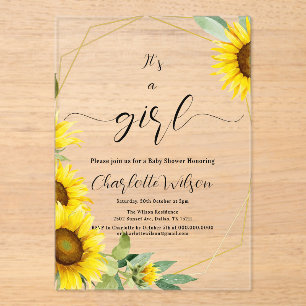 It's a Girl! Watercolor Sunflower Baby Shower Acrylic Invitations