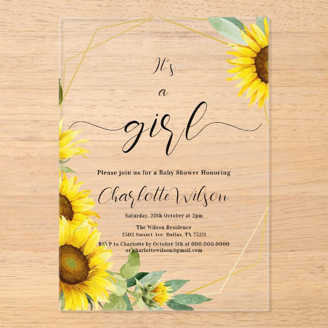 It's a Girl! Watercolor Sunflower Baby Shower Acrylic Invitations (Front)