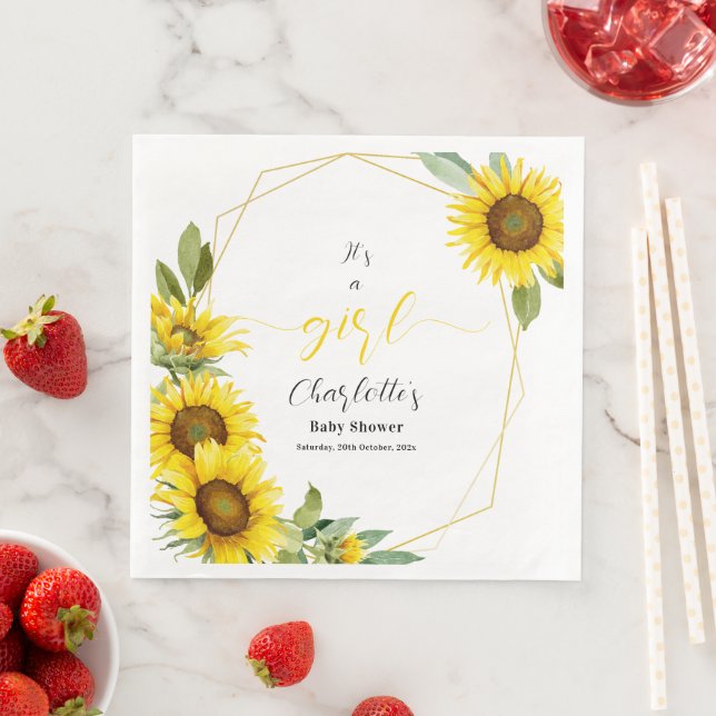 It's a Girl! Watercolor Sunflower Baby Shower Napkin (Insitu)