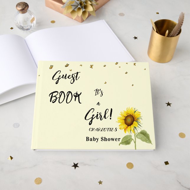 It's a Girl! Watercolor Sunflower with Butterflies Guest Book (Front Open)