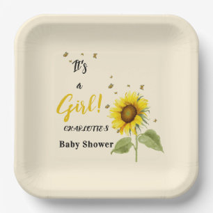 It's a Girl! Watercolor Sunflower with Butterflies Paper Plate