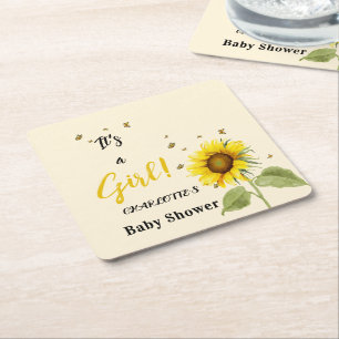 It's a Girl! Watercolor Sunflower with Butterflies Square Paper Coaster