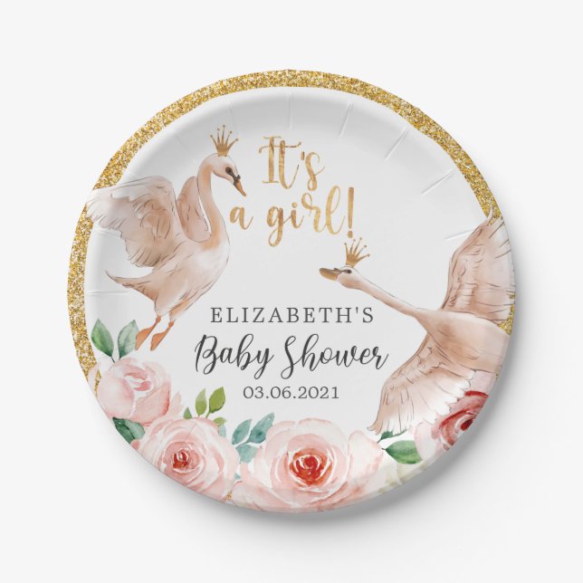 It's a Girl! Watercolor Swans Baby Shower Paper Plate (Front)