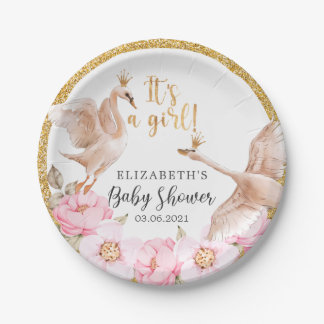 It's a Girl! Watercolor Swans Baby Shower  Paper Plate