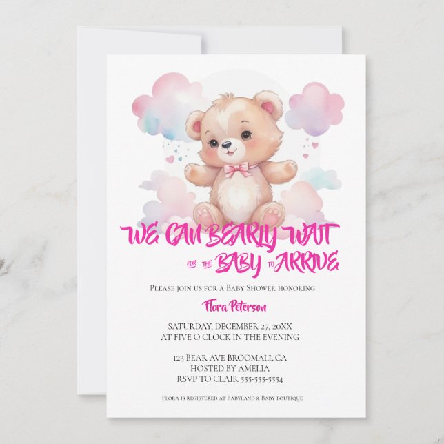 It's a girl watercolor woodland baby bear shower  invitation (Front)