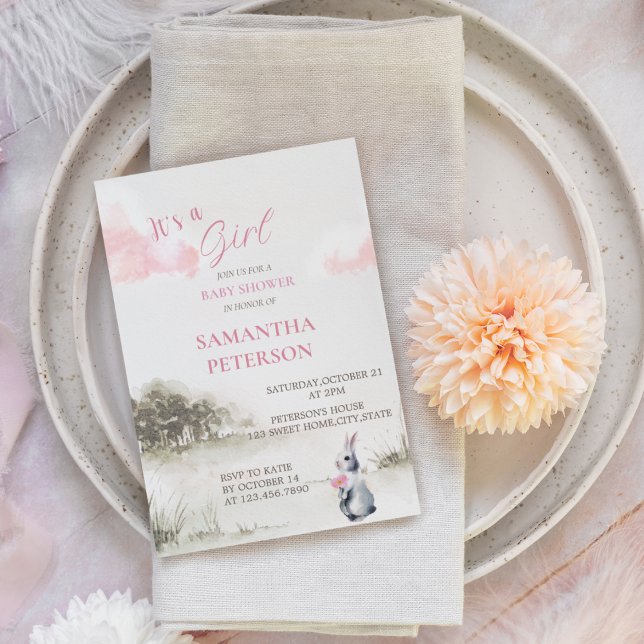 It's A Girl Watercolor Woodland Bunny Baby Shower Invitation (Creator Uploaded)