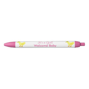 It's A Girl Welcome Baby Yellow Ducky Announcement Black Ink Pen