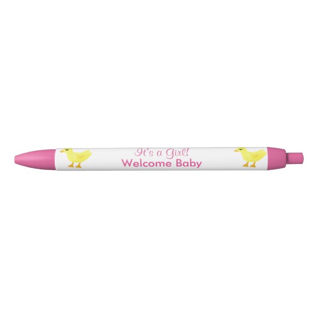 It's A Girl Welcome Baby Yellow Ducky Announcement Black Ink Pen (Front)
