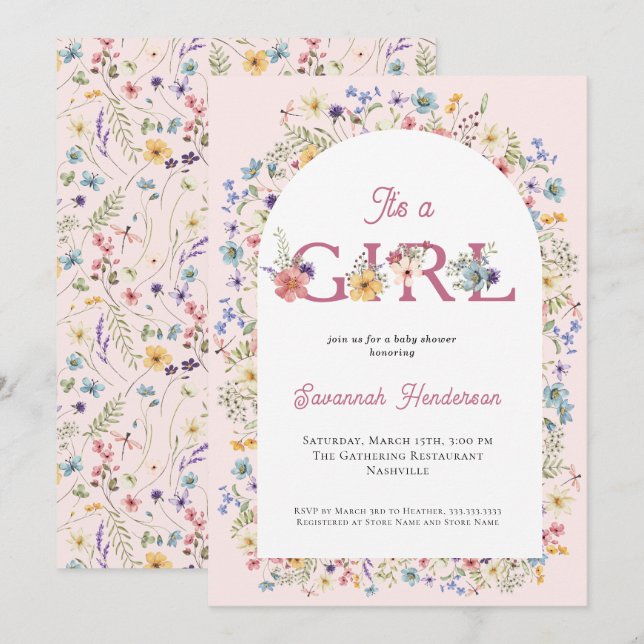 It's a Girl Wildflower Floral Pink Baby Shower Invitation (Front/Back)