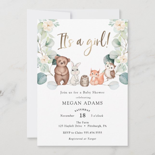 It's a Girl Woodland Animal Eucalyptus Baby Shower Invitation (Front)