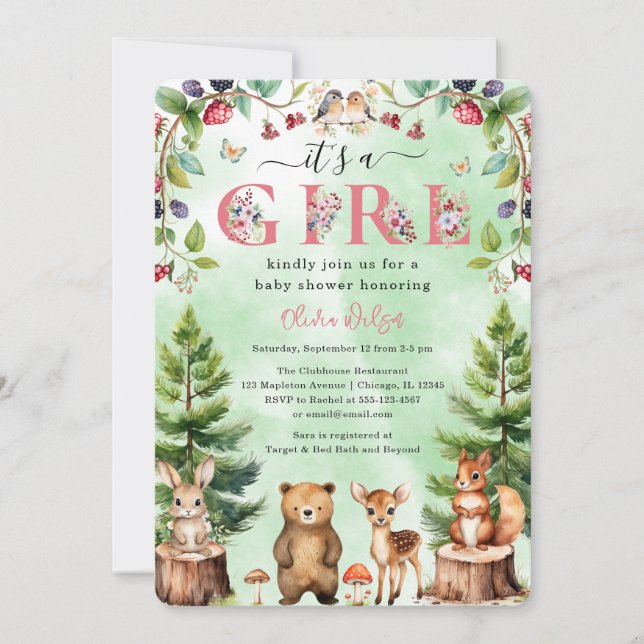 It's A Girl Woodland Animals Baby Shower  Invitation (Front)