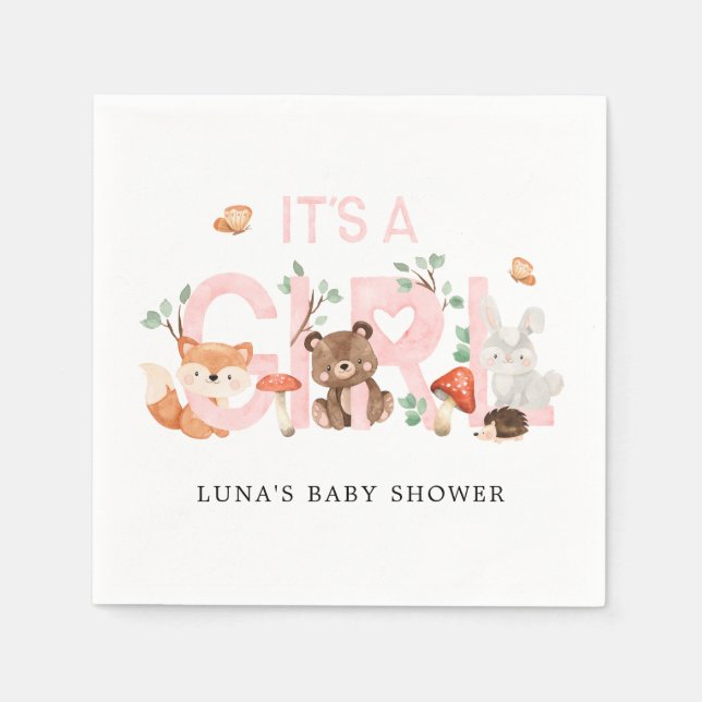 It's a Girl Woodland Baby Shower Personalised Napkin (Front)