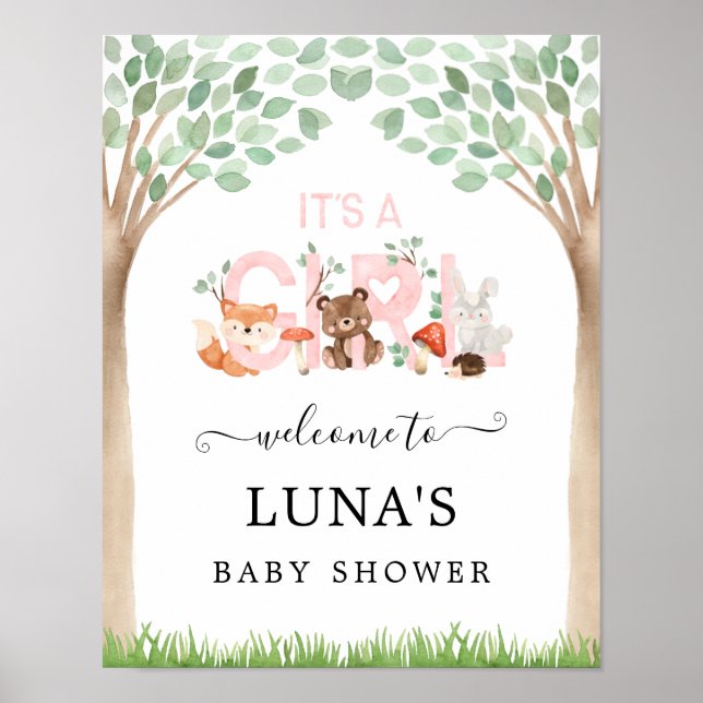 It's a Girl Woodland Baby Shower Welcome Poster (Front)