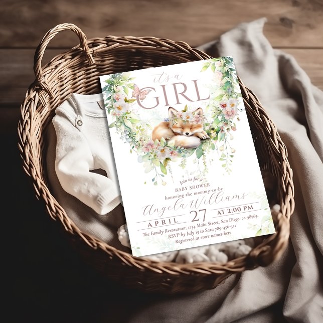It's a Girl Woodland Fox Floral Baby Girl Shower Invitation (Creator Uploaded)