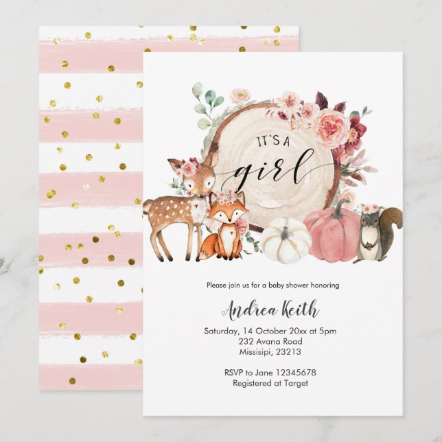 it's a girl woodland pumpkin baby shower invitation (Front/Back)