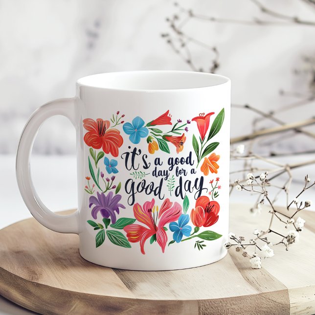 "It's a Good Day" Boho Colourful Wildflowers  Coffee Mug ("It's a Good Day" Boho Colorful Wildflowers Coffee Mugon a boho kitchen table with white dry flowers)