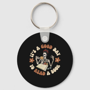 It's A Good Day To Read A Book Skeleton Groovy Hal Key Ring