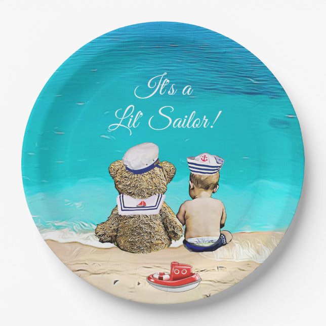 It's a Lil' Sailor, Boy's Baby Shower Nautical Paper Plate (Front)