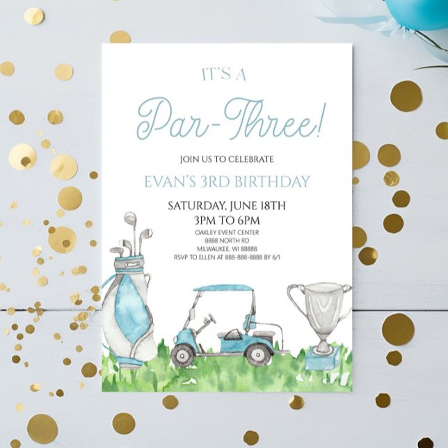 It's A Par-Three! Blue Golf 3rd Birthday Party Invitation (Creator Uploaded)