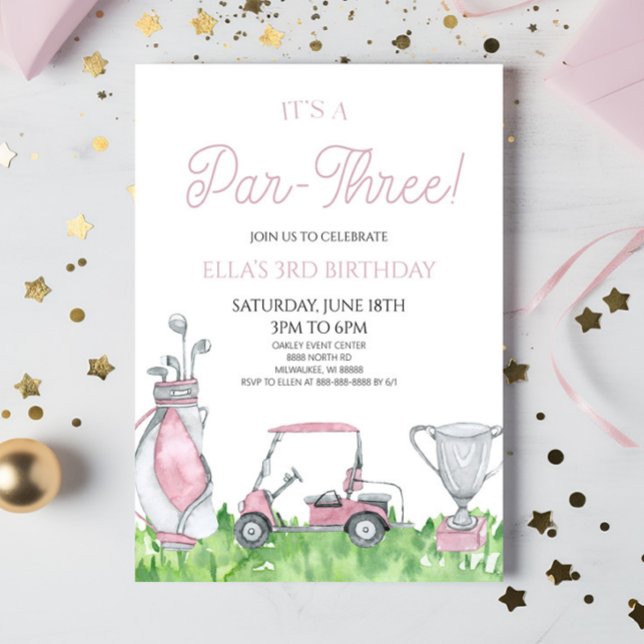 It's A Par-Three! Pink Golf 3rd Birthday Party Invitation (Creator Uploaded)