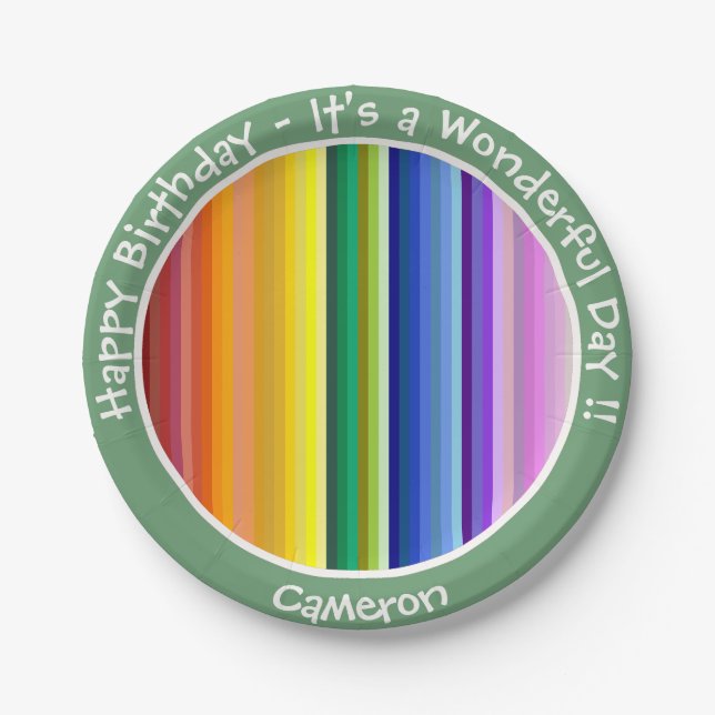 It's a Rainbow Party, Multi-Coloured Stripe Patter Paper Plate (Front)