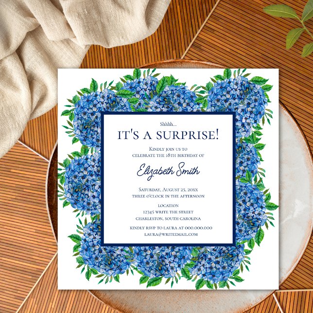 It's a Surprise 18th Birthday Party Blue Hydrangea Invitation (Front)