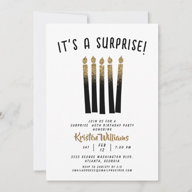 It's a Surprise Birthday Black Gold Glitter 60th Invitation (Front)
