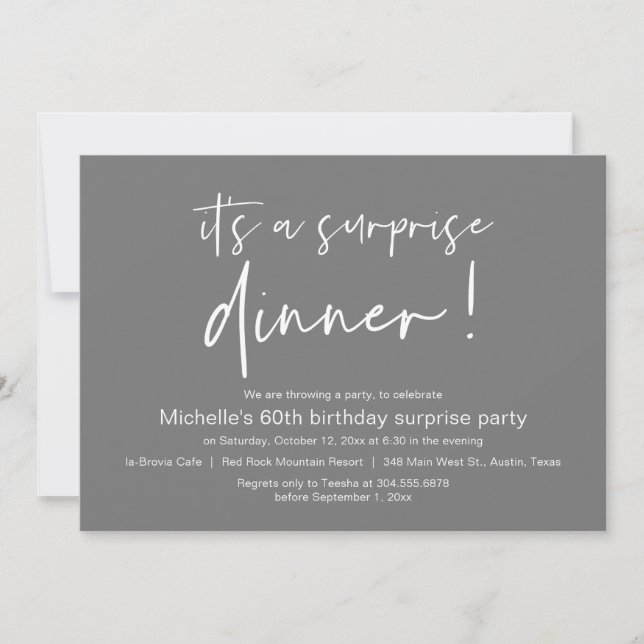 It's A Surprise Birthday Dinner Party, Dark Grey Invitation (Front)